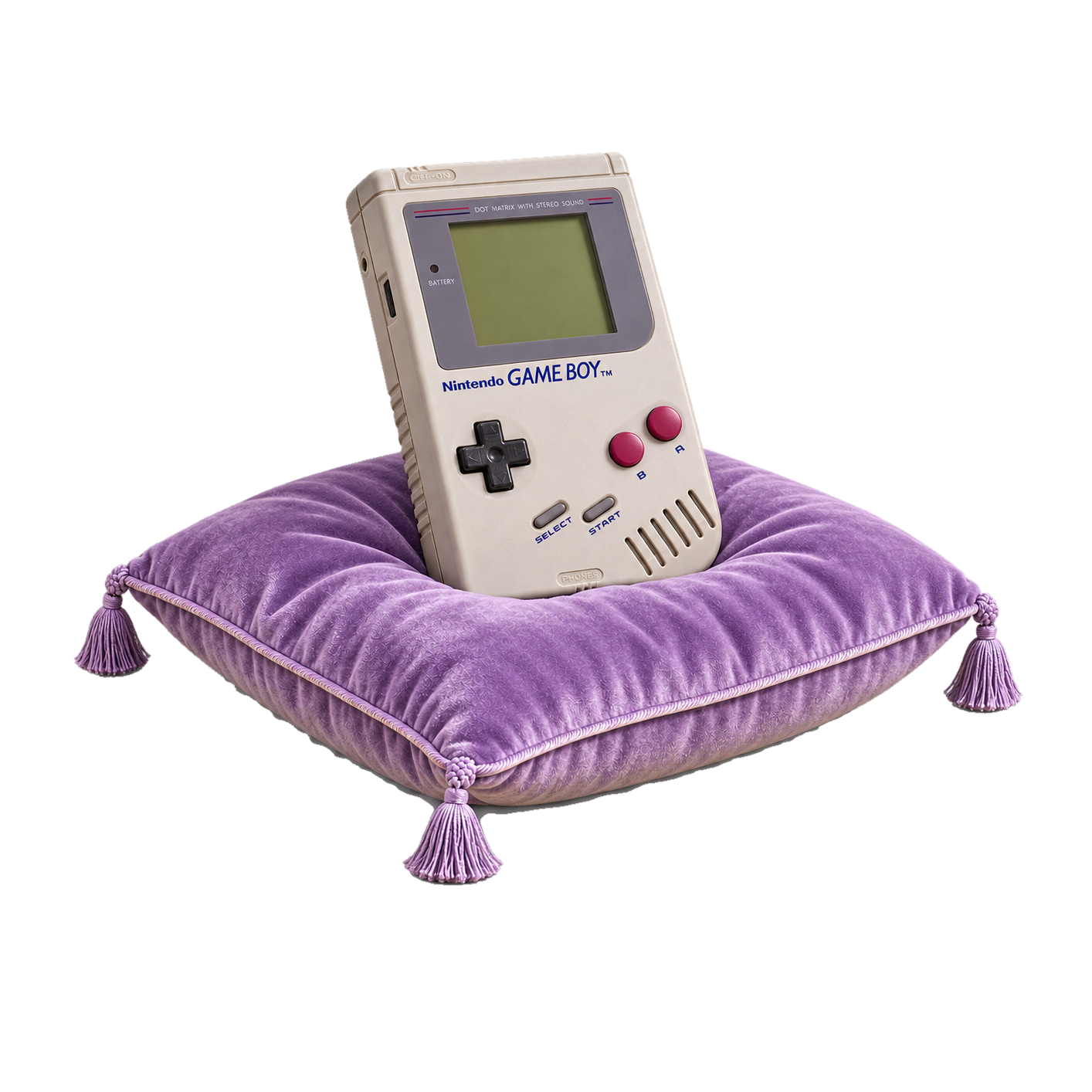 An original Game Boy on a purple velvet cushion